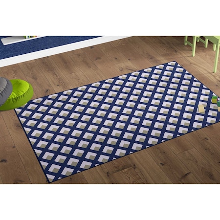 Modern Living Room Area Rug With Nonslip Backing, Geometric Gray And Blue Trellis Pattern, 4 X 6 Ft